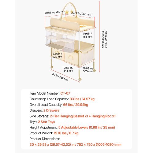 Baby Changing Table, Foldable Diaper Change Station with 2 Fabric Drawers, Side Basket & Hanging Rod, Adjustable Height Portable Changing Table with Lockable Wheels & 2 Star Toys, Light Beige