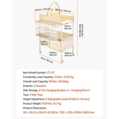 Baby Changing Table, Foldable Diaper Change Station with 2 Fabric Drawers, Side Basket & Hanging Rod, Adjustable Height Portable Changing Table with Lockable Wheels & 2 Star Toys, Light Beige