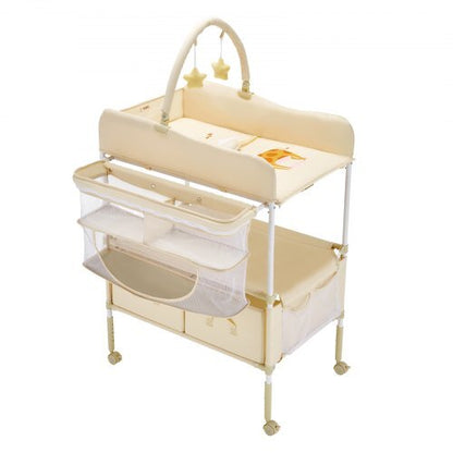 Baby Changing Table, Foldable Diaper Change Station with 2 Fabric Drawers, Side Basket & Hanging Rod, Adjustable Height Portable Changing Table with Lockable Wheels & 2 Star Toys, Light Beige