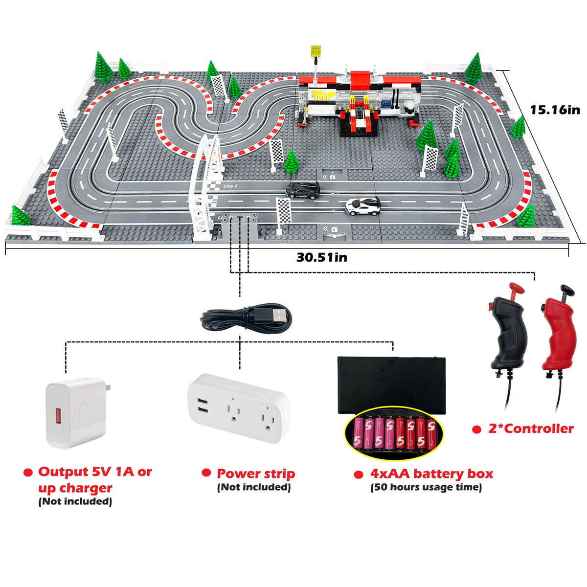 1:87 Slot Car Race Set, 2 Tracks, 2 Cars & Speed Controllers