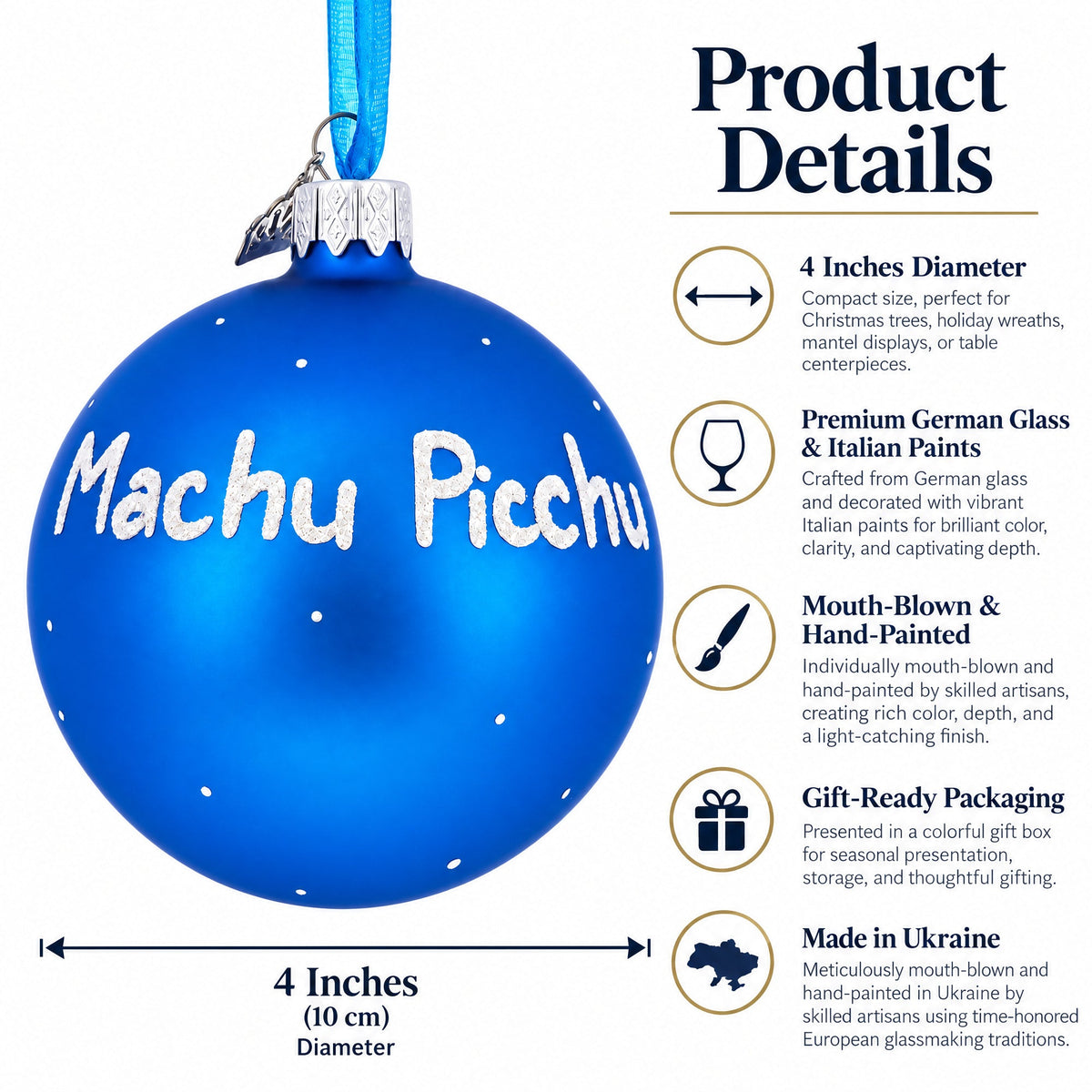 Machu Picchu, Peru Glass Christmas Ball Ornament 4 Inches