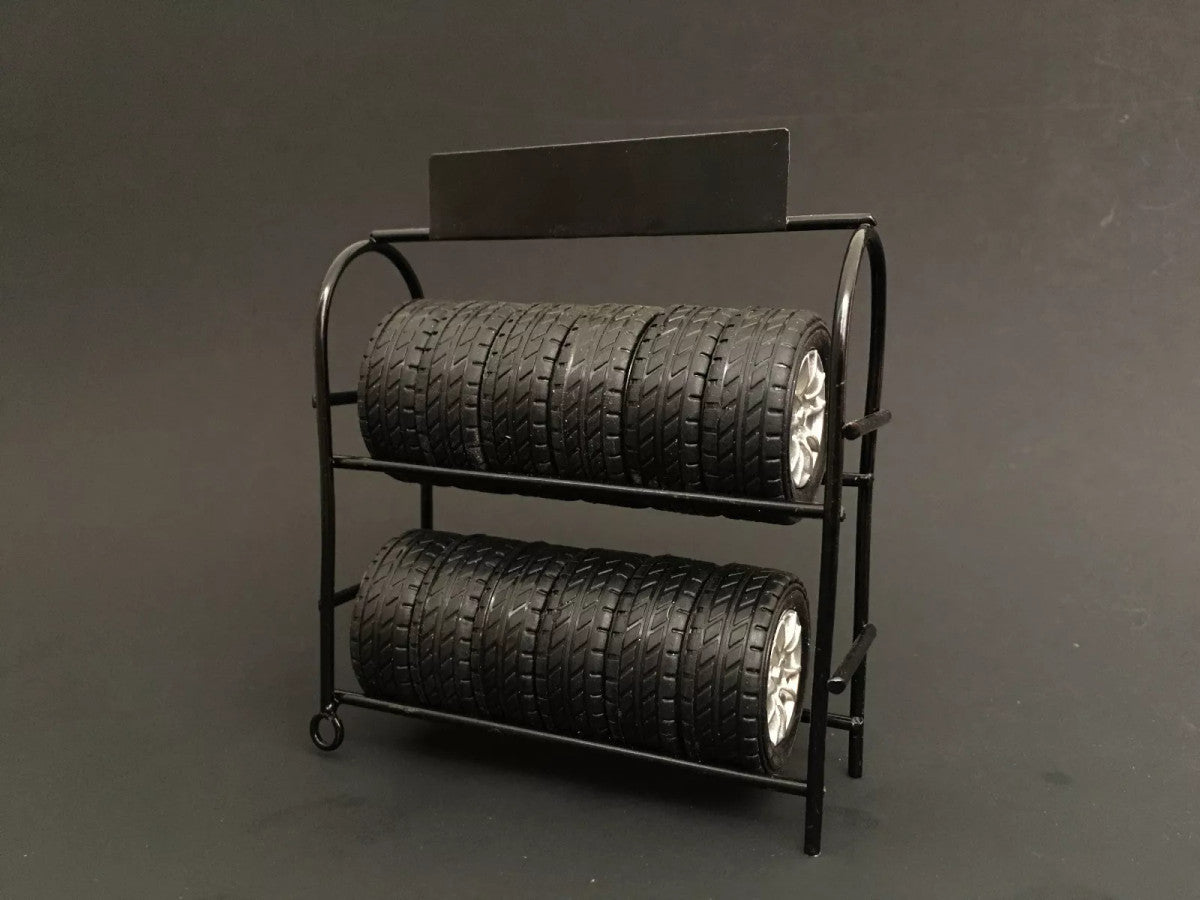 Metal Tire Rack with Rims and Tires for 1/18 Scale Models
